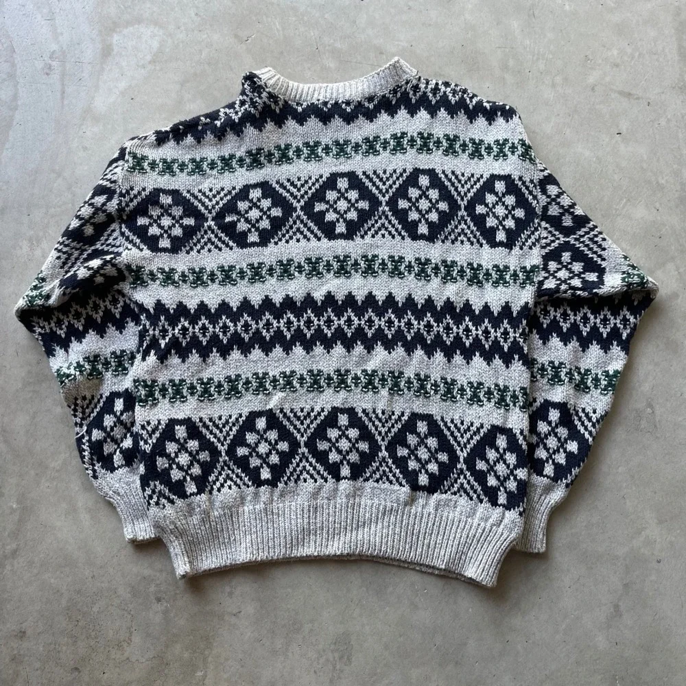 Northwest Territory Mens XL Fair Isle Knit Sweater Grey Navy Green Made in USA